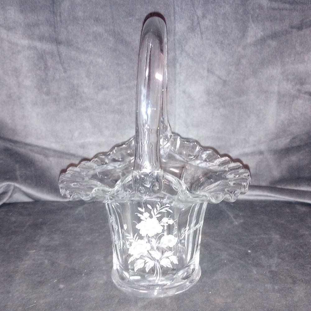 Vintage Fenton Glass Ruffle Edge Basket w Flowers & Happy 25th Anniversary EUC
